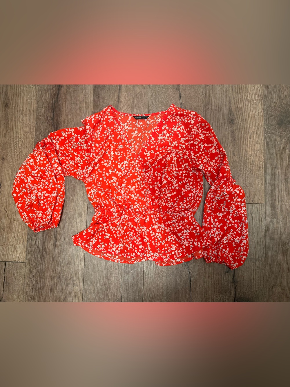 SHEIN Red Floral Peplum Long-Sleeve Blouse